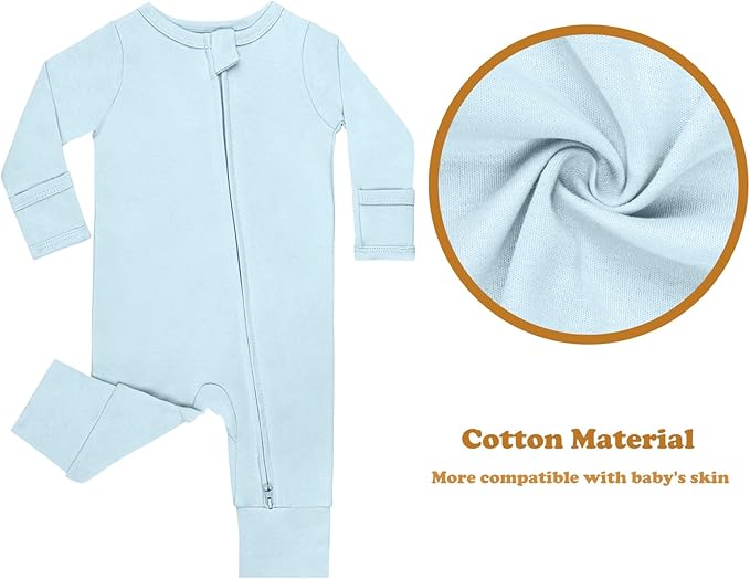 GUISBY Long Sleeve Cotton Pajamas Footless Baby Bodysuits with Zipper and Mittens 3-Pack for Boys Girls