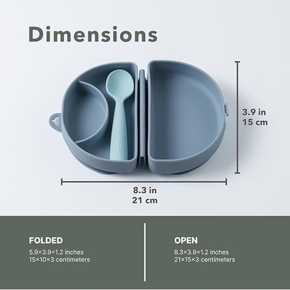 Miniware Fold & Scoop Baby Feeding Set - Silicone Travel Baby Plate with Suction & Baby Spoon - Compact, Portable, Dishwasher-Safe, Suction Base for Mess-Free Eating (Aquamarine and Aqua)