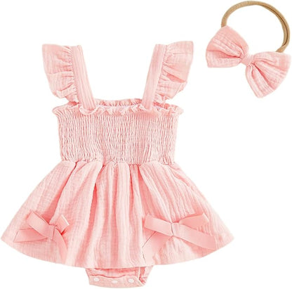 Thorn Tree Baby Girl Summer Clothes Newborn Outfit Ruffle Romper Infant Baby Dress Bow Headband Solid Cute Outfits Girls