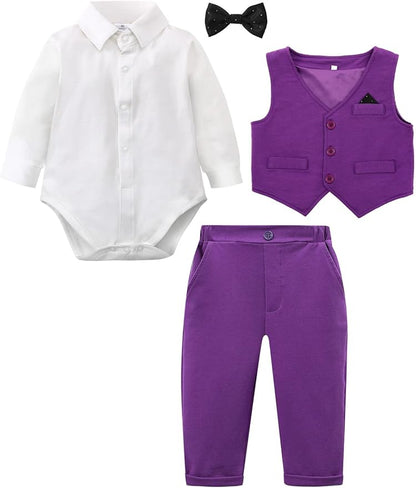 A&J DESIGN Baby Boy Suits Clothes Infant Toddler Formal Gentleman Outfits, Dress Shirt + Vest + Bow Tie + Pants Wedding Set