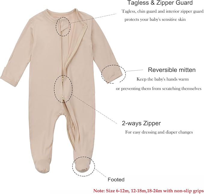 Aablexema Baby Zipper Pajamas Bamboo Rayon, 3pcs Unisex Infant Onesie with Mitten Long Sleeve Footed Pjs