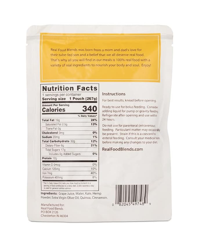 Real Food Blends Quinoa, Kale & Hemp - Pureed Food Meals for Tube Feeding with Protein, Vegetables & Fruits - Plant-based - 340 Calories for Breakfast, Lunch & Dinner - 9.4 oz (Pack of 12)