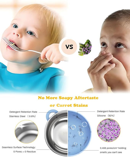 Suction Toddler Bowls and Feeding Utensils Set, 2-in-1 Stainless Steel 304 Kids Bowl & Silicone Suction Baby Bowl with Spoons and Forks, First Self-feeding Training Set, Unicorn Magic