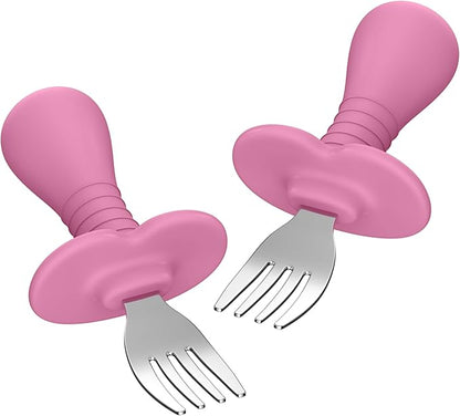 Baby Fork Toddler Forks for Self Feeding, Kids Forks with Silicone Round Handle, Stainless Steel Toddler Utensils Children Safe Silverware Set, Anti-Choke Design, BPA Free - Pink
