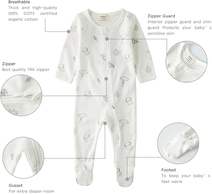 Owlivia Organic Cotton Baby Pajamas, Boys Girls Zip Front Sleep 'N Play Pjs, Footed Sleeper, Long Sleeve