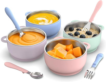 Suction Toddler Bowls and Feeding Utensils Set, 2-in-1 Stainless Steel 304 Kids Bowl & Silicone Suction Baby Bowl with Spoons and Forks, First Self-feeding Training Set, Unicorn Magic