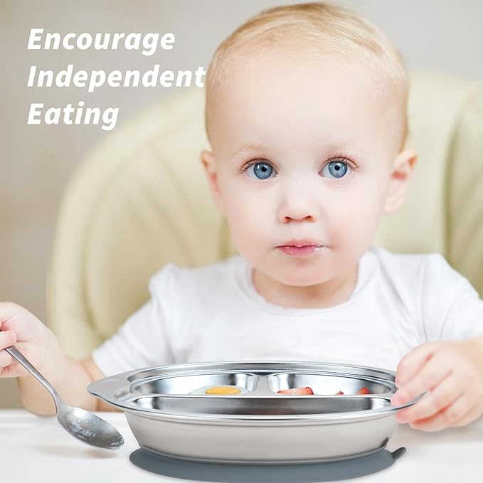 MR. CHOU Stainless Steel Baby Suction Plate, Divided Plates for Babies & Toddlers, 100% Food Grade Kids Plates for Baby Led Weaning, BPA Free Toddler Feeding Supplies, Dishwasher Safe, Gray
