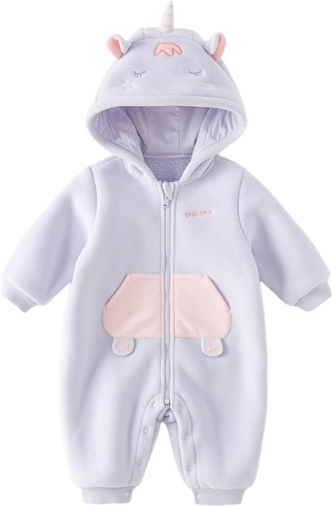 DAVE&BELLA Animal Jumpsuit for Baby Boy Girl, Hooded Winter One-Piece Romper Zip Up Fleece Infant Bodysuit with Snap Closure