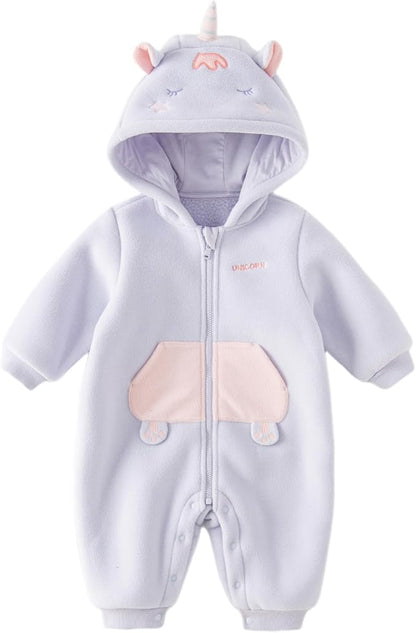 DAVE&BELLA Animal Jumpsuit for Baby Boy Girl, Hooded Winter One-Piece Romper Zip Up Fleece Infant Bodysuit with Snap Closure
