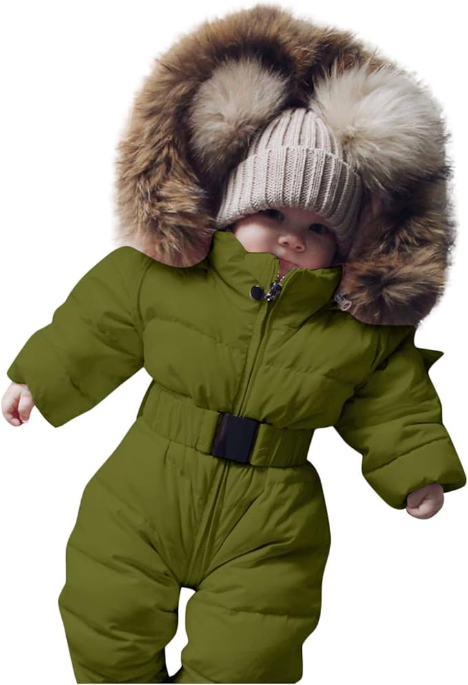 Baby Boys Girls One-Piece Snowsuit Winter Padded Coat Hooded Ski Suit Full Zip Insulated Jacket Jumpsuit Ski Clothes