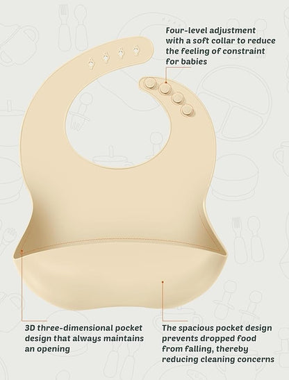 Silicone Baby Feeding Set, 18PCS Baby Led Weaning Supplies, Eating Essentials Utensils with Suction Plate and Bowl, Adjustable Silicone Bib, for 6+ Months (Blue+Beige)