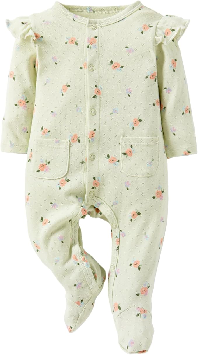 Baby Girls Ruffled Sleeve Footed Romper - 100% Cotton Snap Closure Jumpsuit with Small Pocket