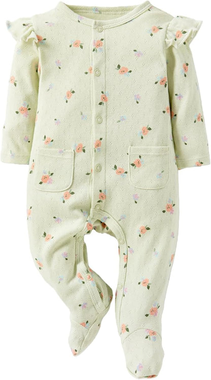 Baby Girls Ruffled Sleeve Footed Romper - 100% Cotton Snap Closure Jumpsuit with Small Pocket