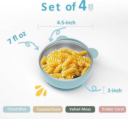 Stainless Steel Baby Bowls with Suction, 2-in-1 SUS304 Toddlers Bowl & Removable Silicone Suction Kids Bowl, Anti Scald Non Toxic Snack Container for Baby Food Feeding, Morandi Set of 4