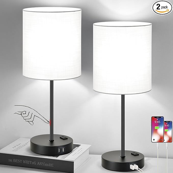 Lynnoland Set of 2 Touch Control Table Lamps with 2 USB & AC Outlet, 3-Way Dimmable Bedside Nightstand Lamps for Bedroom Living Room Nursery, 800 Lumens 5000K Daylight Bulbs Included