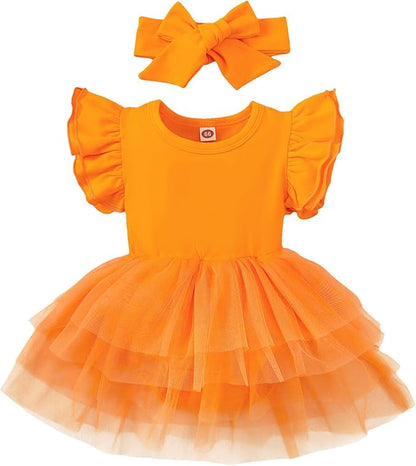 Baby Girl Clothes Infant Ruffle Sleeve Romper Dress Newborn Solid Tutu Skirt Sets Jumpsuit Headband Outfit