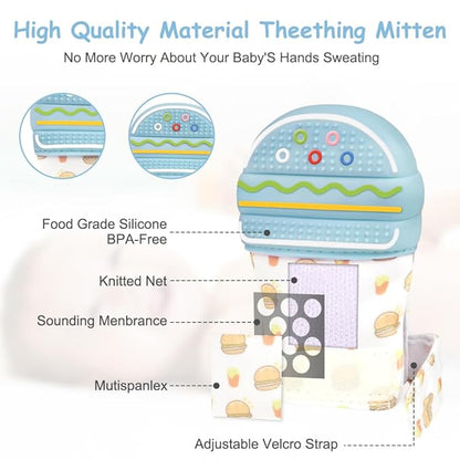 2Pack Silicone Teething Mitt, Hamburger Baby Teething Toy for 0-6 6-12 Months, Food Grade Silicone Infant Teething Mitten, BPA-Free Baby Chew Toys for Pain Relief, Sucking Needs