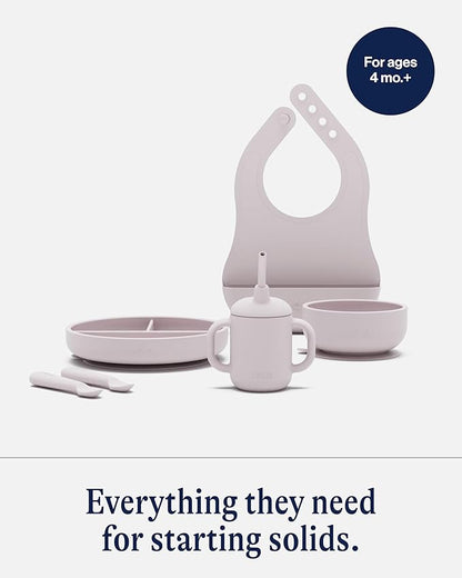 Lalo First Bites Silicone Baby Feeding Set - Baby Led Weaning Supplies - Non-Toxic Silicone - Includes 1 Bib, 2 Spoons, Training Cup, Suction Plate and Bowl - 6 Pieces - Lavender