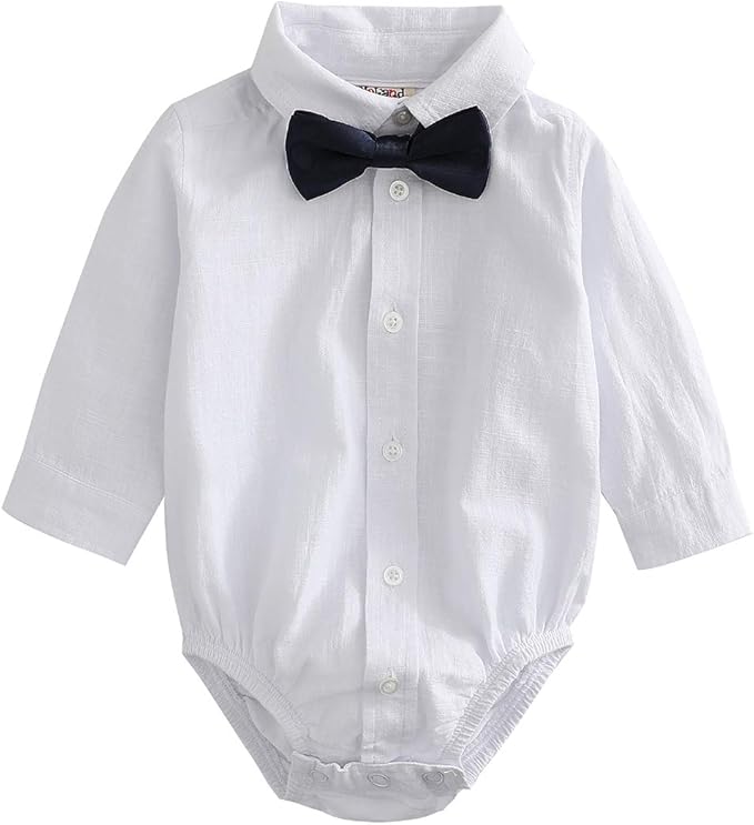 MOMOLAND Infant Baby Boys Woven Button Up Bodysuit Shirt With Bow Tie