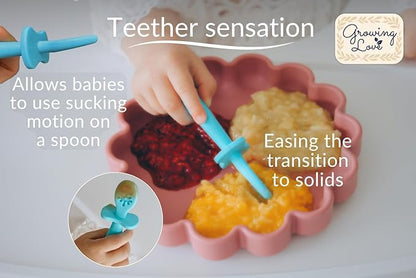 Growing Love Baby Spoons Set, Self Feeding 6 months, Pre-Spoon, Toddler spoon, Baby utensils, training spoon, cuchara bebe, blw, 100% silicone, Anti choke shield