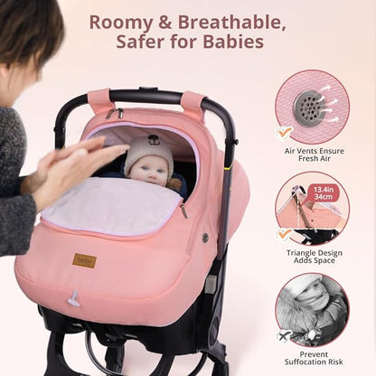 Bioby Winter Baby Car Seat Cover, Infant Car Seat Cover for Boy Girl, Roomy, Cozy, Warm, Waterproof Baby Carseat Covers Canopy with Thickened Fleece Lining, Breathable Hole, Universal Fitted Pink