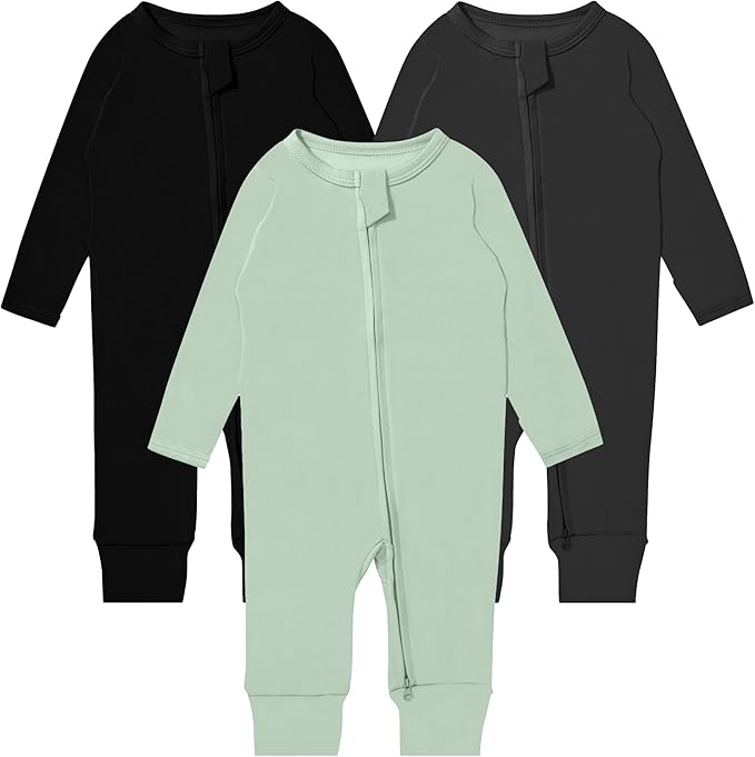 GUISBY Long Sleeve Cotton Pajamas Footless Baby Bodysuits with Zipper and Mittens 3-Pack for Boys Girls