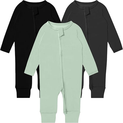 GUISBY Long Sleeve Cotton Pajamas Footless Baby Bodysuits with Zipper and Mittens 3-Pack for Boys Girls