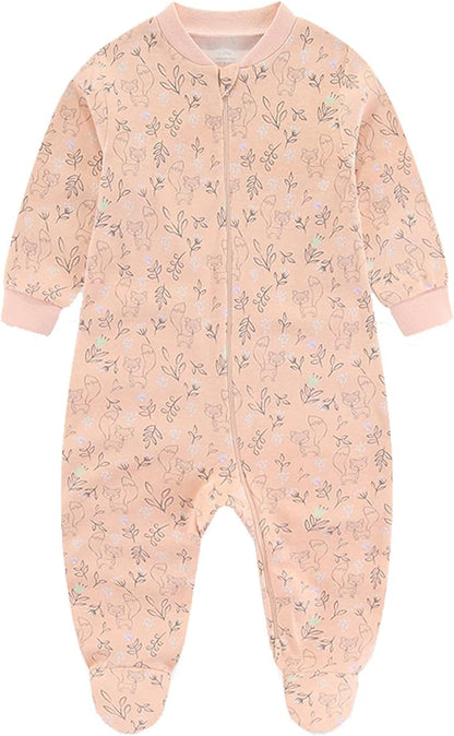 Baby Girls Boys Footed One-Piece Romper Cotton Long Sleeve Jumpsuit Zip Front Footie Romper 0-12 Month