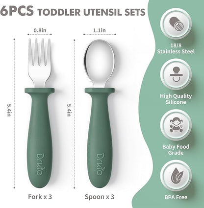 DRKIO 6 Pieces Toddler Utensils Set - Kids Silverware Set with Silicone Handle Children Safe 18/8 Stainless Steel Forks and Spoons Anti-Choke Design Food Grade Dishwasher Safe