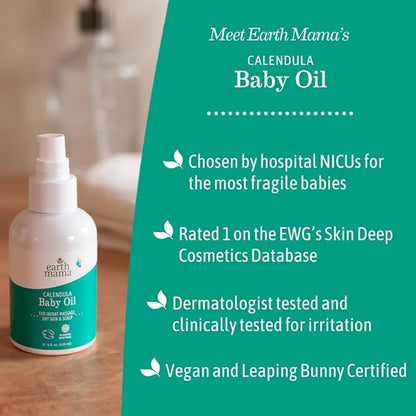 Earth Mama Calendula Baby Oil | Massage Oil for Newborn Skin Care, Dry Skin & Scalp Moisturizer, Fragrance Free, 4-Fluid Ounce