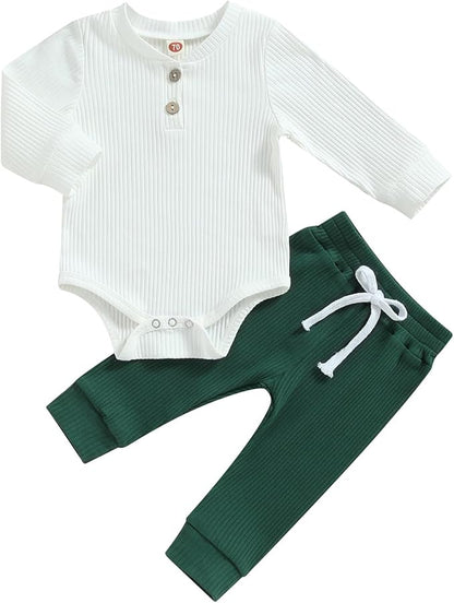 Newborn Baby Boy Girl Clothes Ribbed Knitted Long Sleeve Romper Pants Solid Cotton Infant Fall Winter Outfits 2Pcs