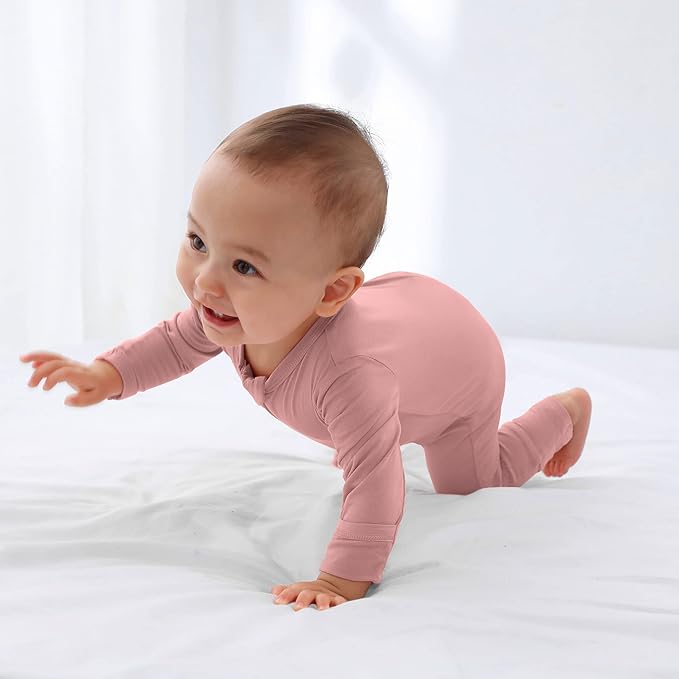 GUISBY Baby Footless Rompers, Rayon Pajamas 2 Way Zipper with Long Sleeve Sleeper