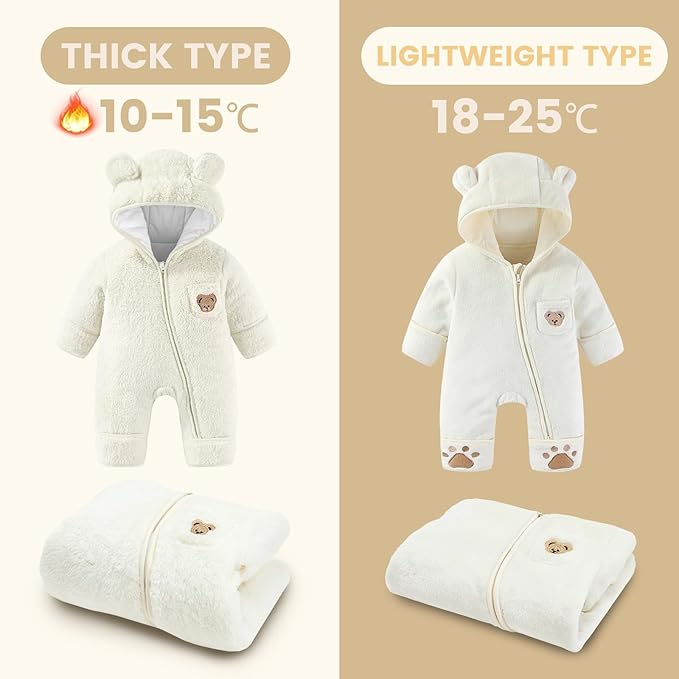 JiAmy Baby Snowsuit Newborn Fleece Winter Clothes With Flod-Over Zipper Baby Bear Hooded Thick Outfits