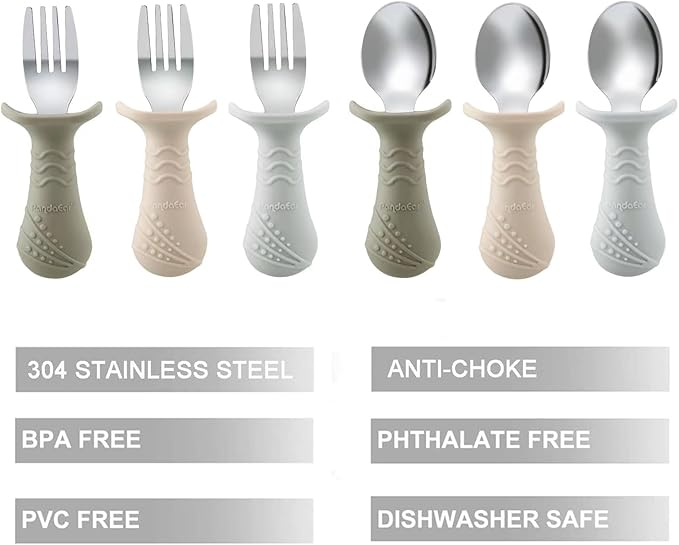 PandaEar Baby Toddler Fork and Spoon Utensil Set, 6 Pack Silicone Stainless Steel Silverware Spoon Fork for Babies Toddler, BPA Free with Silicone Holding Anti-Choke Design (Light Tan&Walnut&Grey)