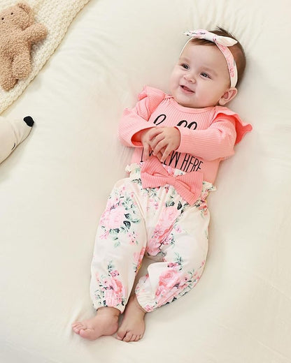 Newborn Infant Baby Girl Clothes Outfits Rib Romper Floral Pants with Headband Winter Clothing Set