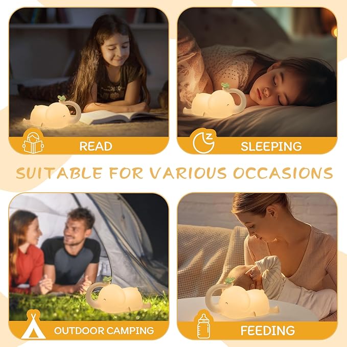 Silicone Night Light for Kids, Squishy Elephant Lamp - 3 Level Dimmable Rechargeable with Timer, Safe Bedside Light for Nursery Toddler Room