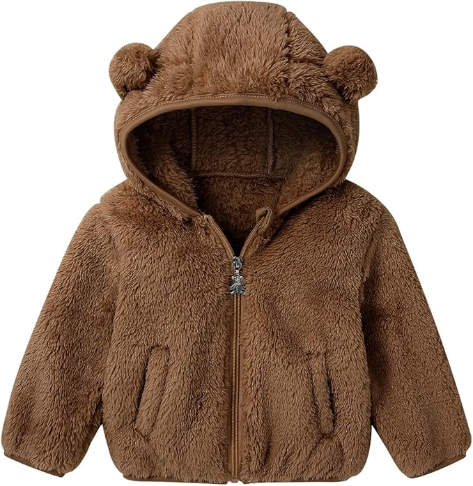 Baby Toddler Boys Girls Fleece Jacket with Hood Zip Up Cute Bear Coats for Infant Boys Girls Fuzzy Jacket with Ear 1-5T