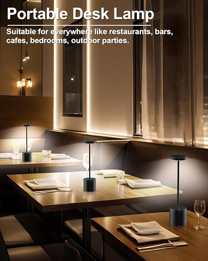 Cordless Table Lamp Set of 2, Rechargeable 5000mAh Battery Powered Outdoor Table Lamps, Portable LED Desk Lamp, 3 Color Dimmable Light for Restaurant, Patio, Bedroom, Bedside Night Lamp(Black)