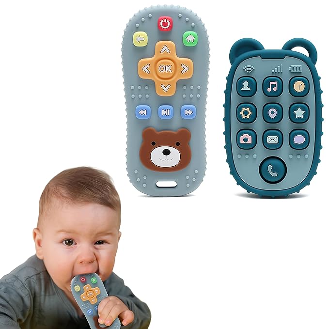 2-Pack Silicone Teethers – Remote Control & Phone Teething Toys with Popper Buttons, BPA-Free, CPC Certified Baby Essentials for Infants & Toddlers (Remote/Phone - Blue/Dark Blue)