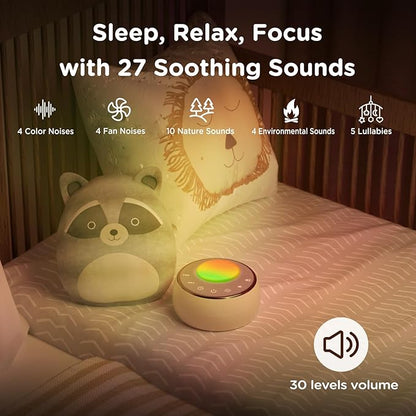 Peakeep White Noise Portable Sound Machine Sleeping Light for Adults Baby, Loud Clear Speaker, 25 Hours Continuous Audio 27 Noise Fan Nature No-looping Sounds, 30 Volume, Battery Operated