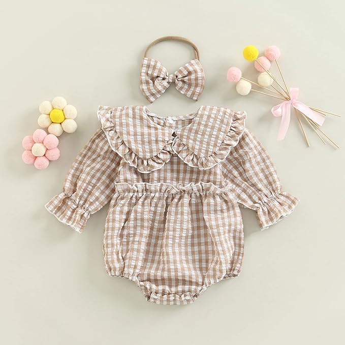 2pcs Infant Baby Girls Romper Dress Headband Long Sleeve Clothing Flowers Newborn Boho Girl Outfit Jumpsuit Clothes