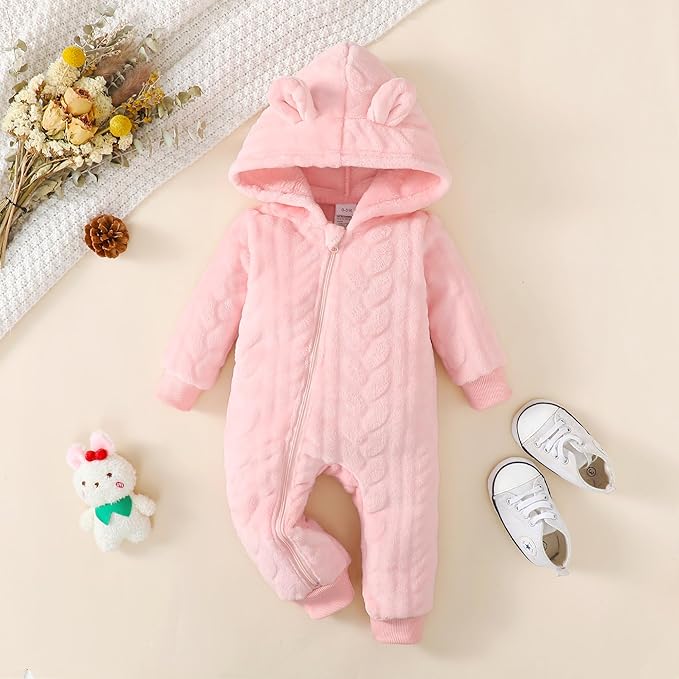 Saeaby Newborn Baby Girl Boy Clothes Fall Winter Infant Long Sleeve Fleece Jumpsuit Romper Hooded Baby Snowsuit Bear Outfit