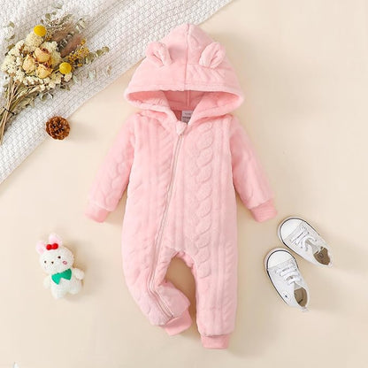 Saeaby Newborn Baby Girl Boy Clothes Fall Winter Infant Long Sleeve Fleece Jumpsuit Romper Hooded Baby Snowsuit Bear Outfit