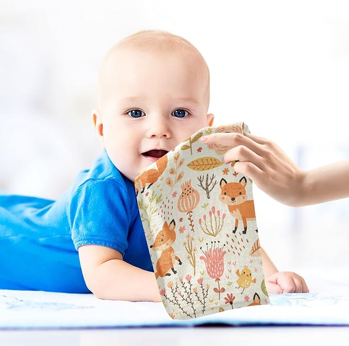 vvfelixl Baby Washcloths Cotton Foxes and Flowers Flesh Colored Baby Muslin Washcloths Soft Baby Face Towel for Newborn Infants Baby Wipes, 11.8 X 11.8 Inch, 5 Pack