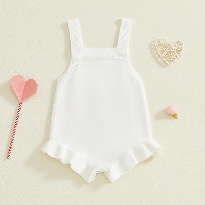 Infant My First Valentines Baby Girl Outfit Newborn Button Heart Embroidery Knit Romper Bubble Bodysuit One Piece