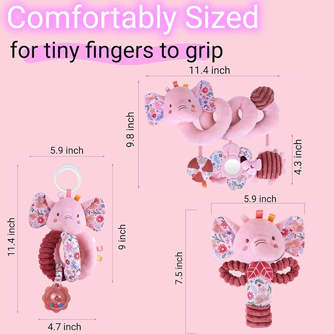 Infant Toys 0-6-12 Months Spiral Car Seat Toy, Baby Stroller Hanging Rattle Stuffed Animal for Babies 0-3-4-5-7 Christmas Newborn Boy Girl Gifts Stocking Stuffers Mirror Crinkle Elephant 3PCS