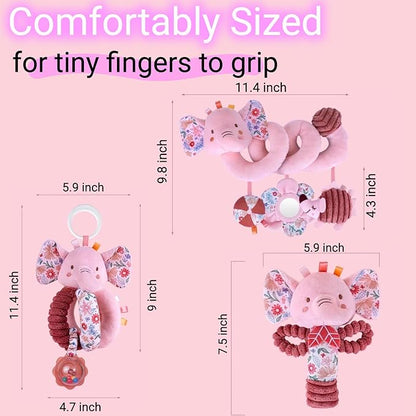 Infant Toys 0-6-12 Months Spiral Car Seat Toy, Baby Stroller Hanging Rattle Stuffed Animal for Babies 0-3-4-5-7 Christmas Newborn Boy Girl Gifts Stocking Stuffers Mirror Crinkle Elephant 3PCS