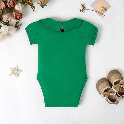 0-24M Infant Girls Ruffle Collar Romper Baby Girl Solid Color Bodysuit Casual Jumpsuit (Green short, 0-3 Months)
