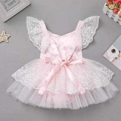 FYMNSI Infant Baby Girl 1st Birthday Outfit Floral Lace Tulle Romper Tutu Dress Headband 2PCS Bodysuit Princess Summer Clothe
