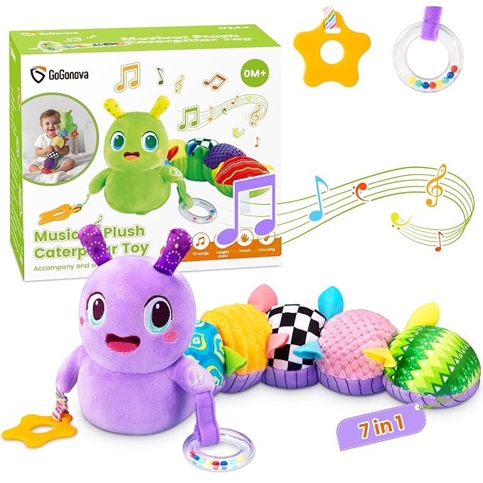 Baby Toys 0-6 Months, Washable Baby Musical Caterpillar Toys with 10 Kid's Songs,Rattles,BabyTeething Toys,Suitable for 0-6, 6-12 Months Infant Tummy Time Toy,Newborn Baby Boy&Gril Gifts(Purple)